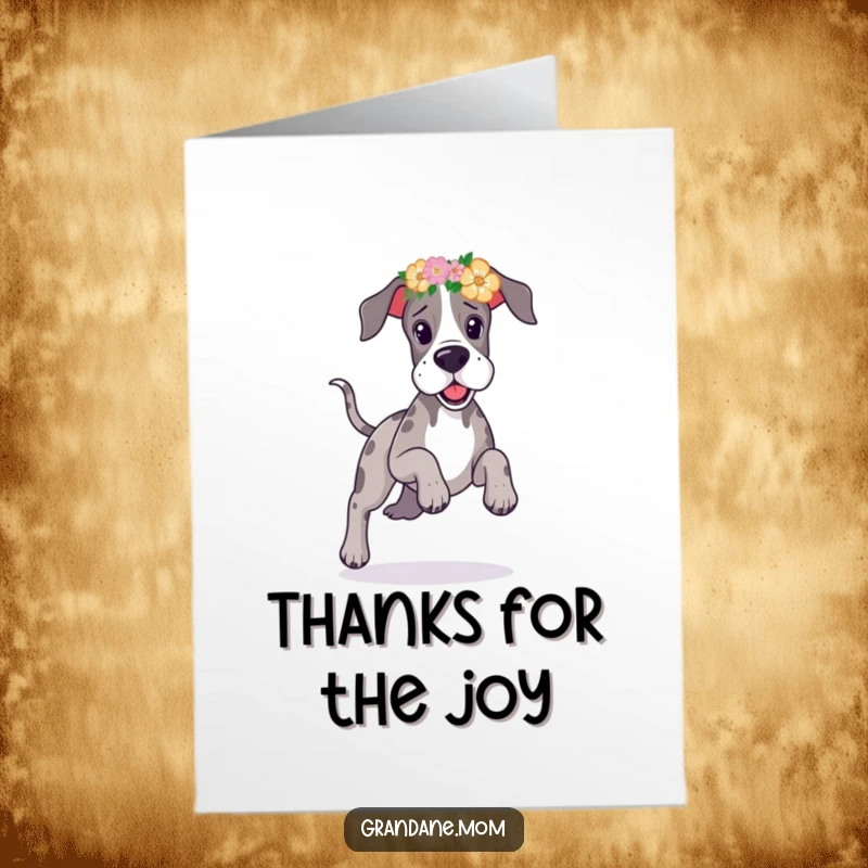 Funny Free Printable Thank You Card: Great Dane wearing a floral headband, prancing with delight, offering sweet thanks with a wag.