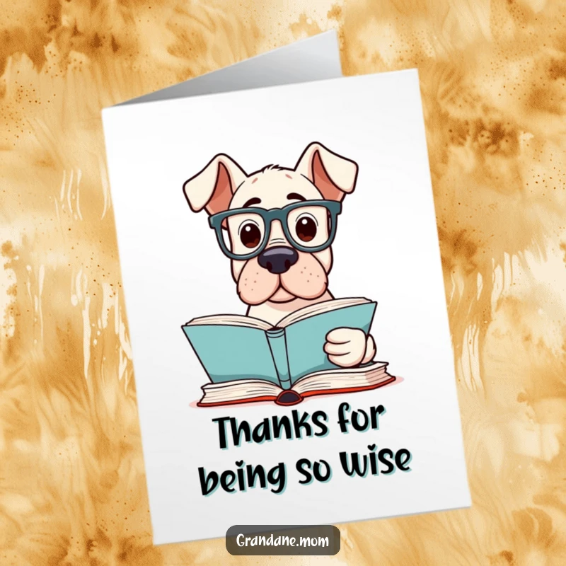 Funny Free Printable Thank You Card: A Grand Dane wearing reading glasses, looking intelligently at a book, conveying thanks.