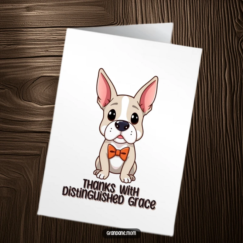 Funny Free Printable Thank You Card: A distinguished Grand Dane wearing an elegant bow tie, offering sincere thanks with a polished and refined demeanor.