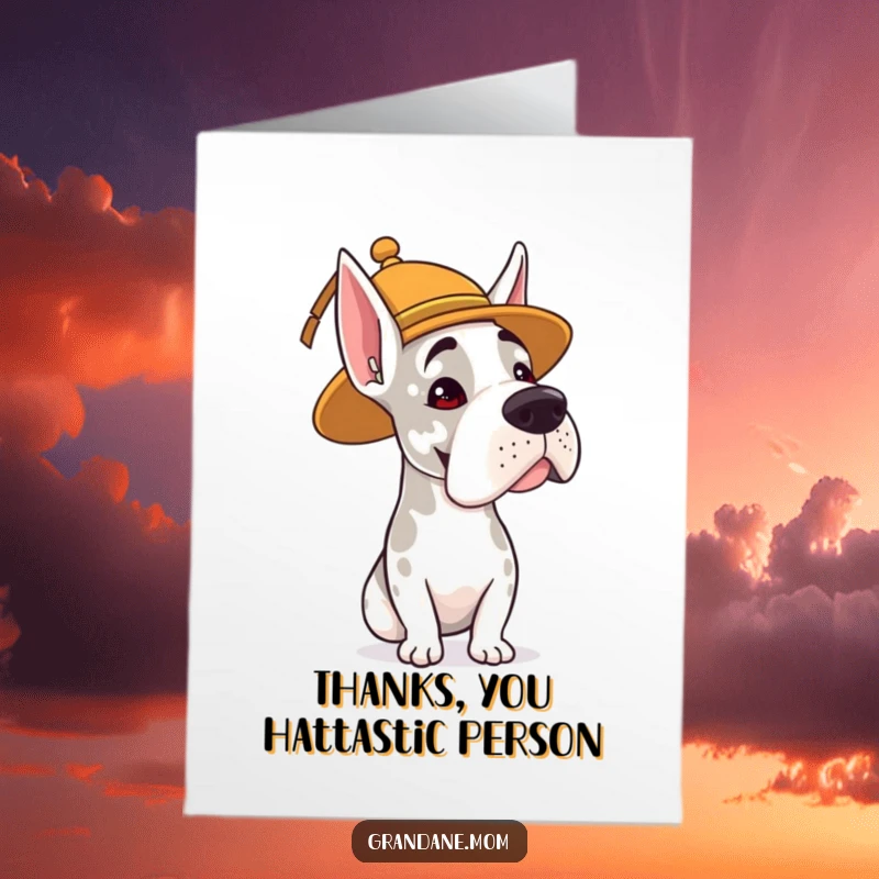 Free Printable Thank You Card: A Grand Dane in a whimsical hat gives a gentle, thankful head nod.
