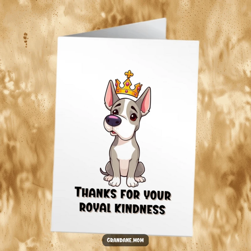 Funny free printable Grand Dane thank you card, a dog wearing a small crown striking a majestic pose, expressing royal thanks.