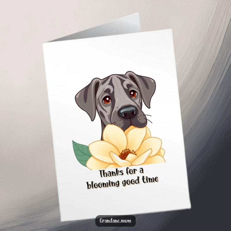 Funny Free Printable Thank You Card: A Great Dane with endearing eyes peeking over a large flower, conveying heartfelt thanks.