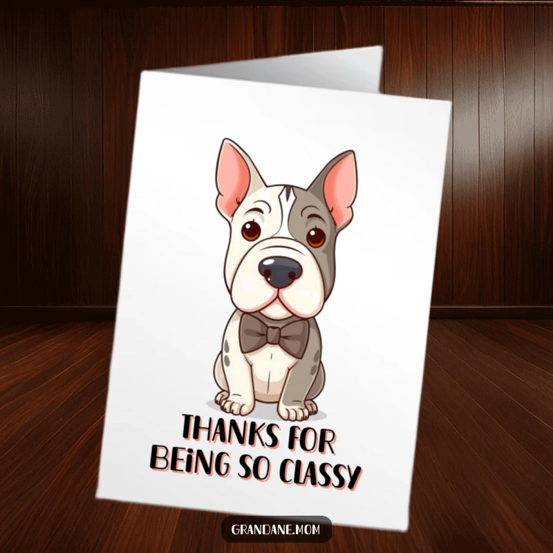 Funny Free Printable Thank You Card: A distinguished Grand Dane in a bow tie offers elegant thanks.