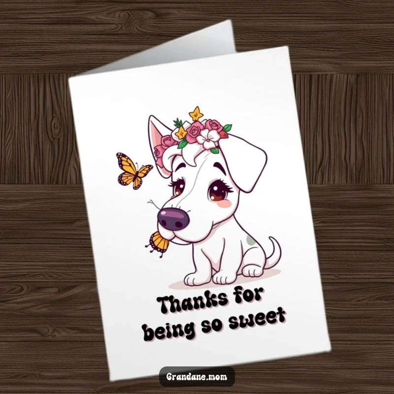 Funny Free Printable Thank You Card: Grand Dane wearing a flower crown, playfully interacting with a butterfly.