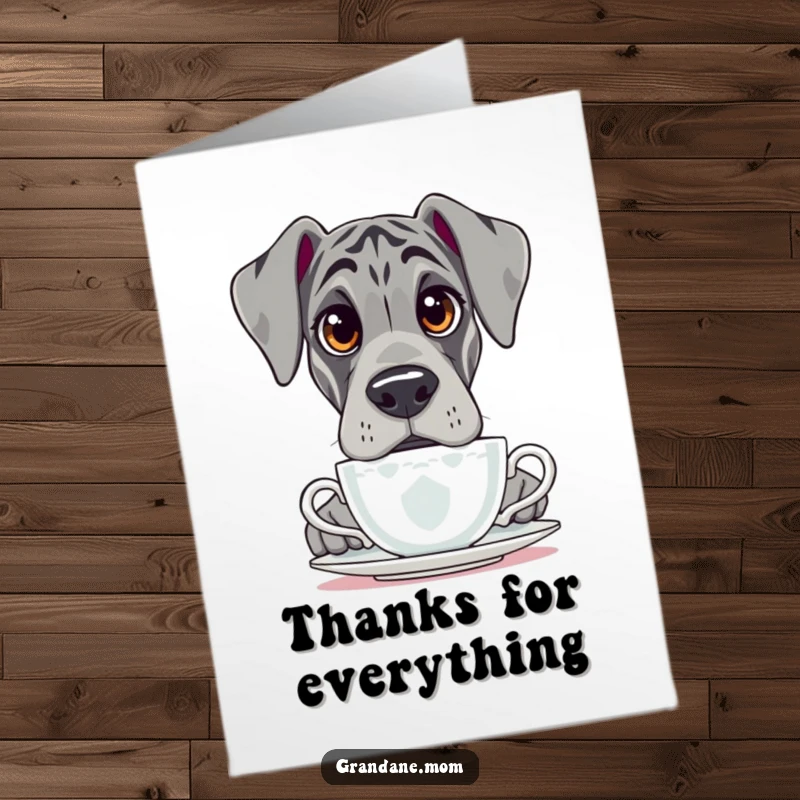 Funny Free Printable Grand Dane Thank You Card: Large dog with curious, questioning eyes peering over a teacup.
