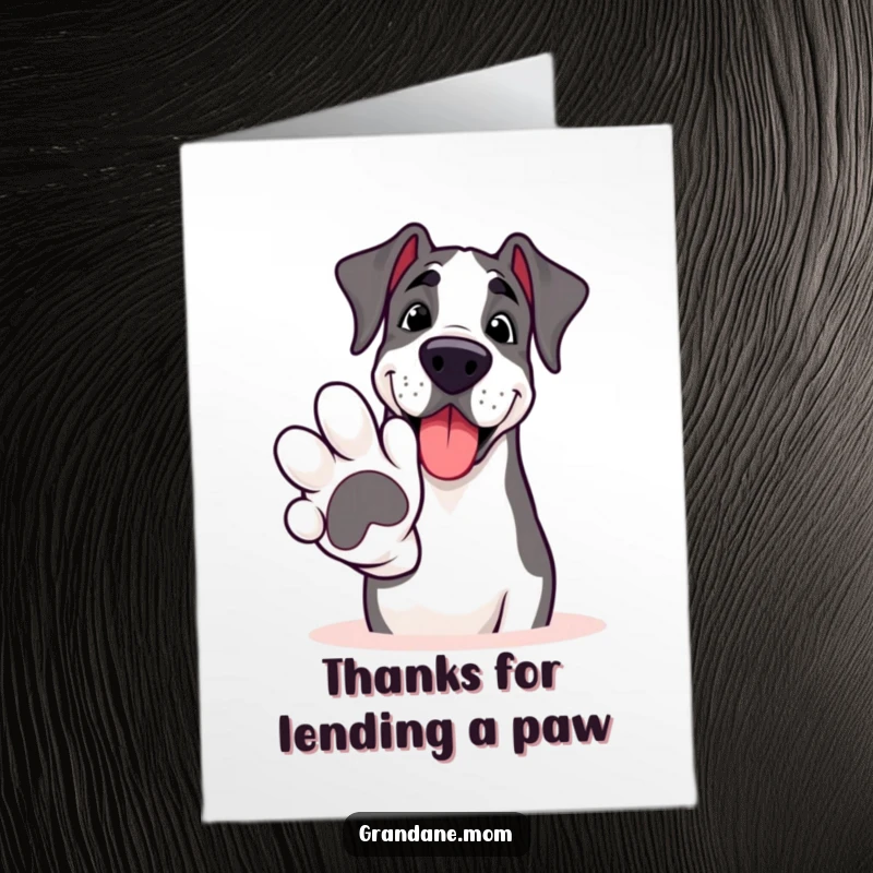 Funny Free Printable Thank You Card: Smiling Grand Dane offering a large, friendly paw to say thank you.
