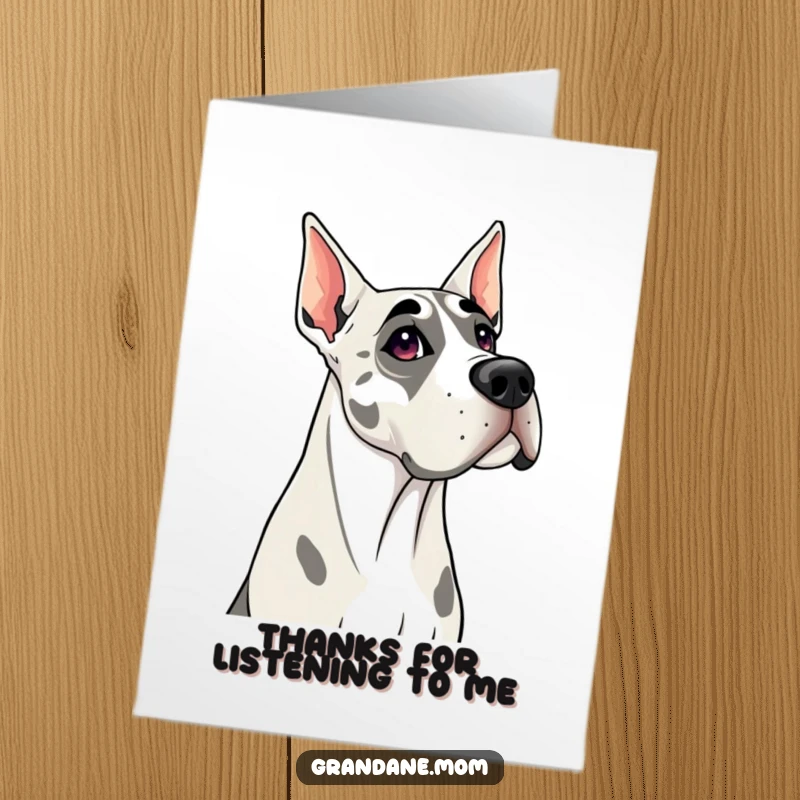 Funny Free Printable Grand Dane thank you card, a curious dog tilting its head, showing attentiveness and appreciation.