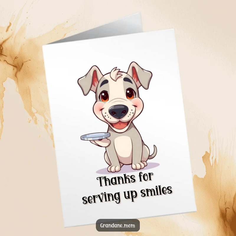 Funny free printable Grand Dane thank you card, a dog with a beaming smile balancing a small silver tray, expressing thanks.