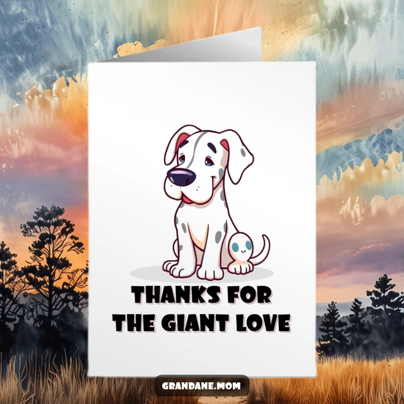 Funny Free Printable Grand Dane thank you card, a loving dog leaning in to show gratitude, ideal for any thankful occasion.