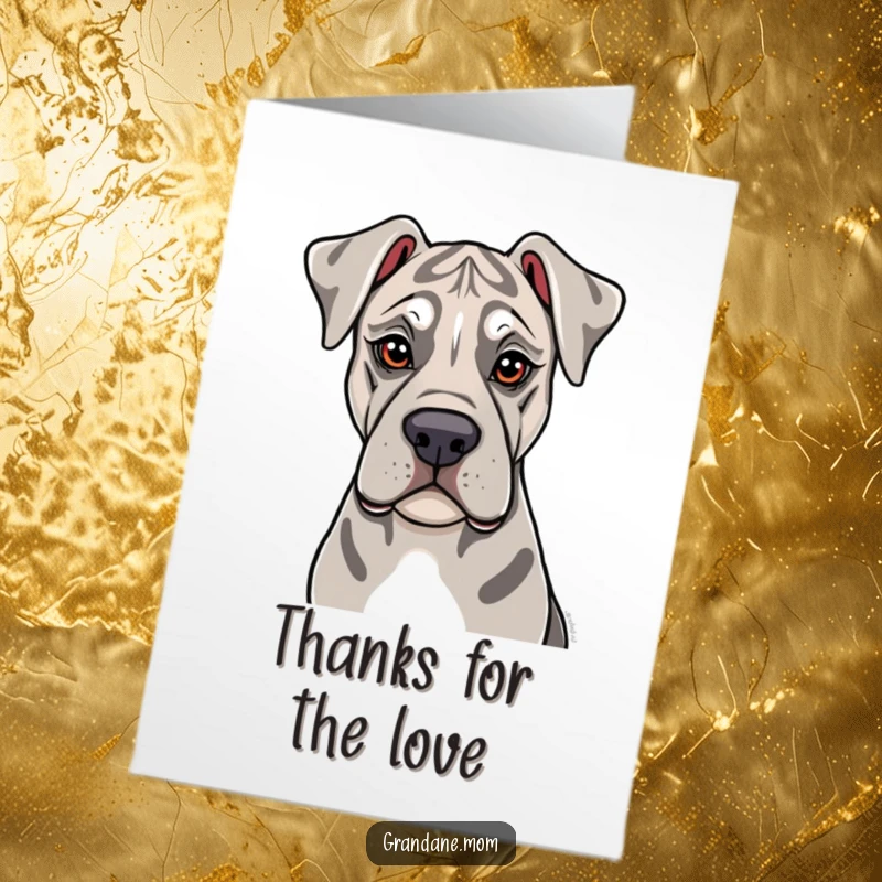 Funny Free Printable Thank You Card of a Grand Dane dog with soulful eyes offering a tender lick.