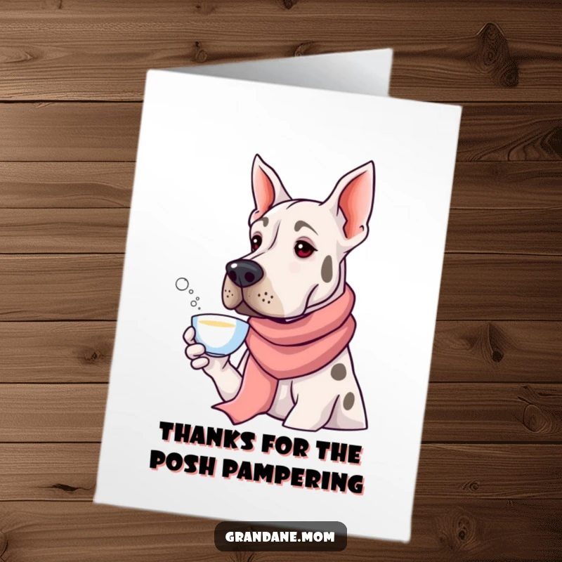 Funny Free Printable Grand Dane Thank You Card: Elegant dog with long scarf sipping tea, showing refined thanks.