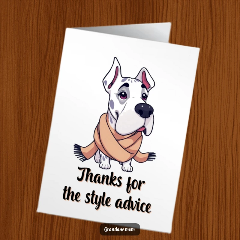 Funny Free Printable Thank You Card: A fashionable Grand Dane strikes a pose wearing a large, stylish scarf.