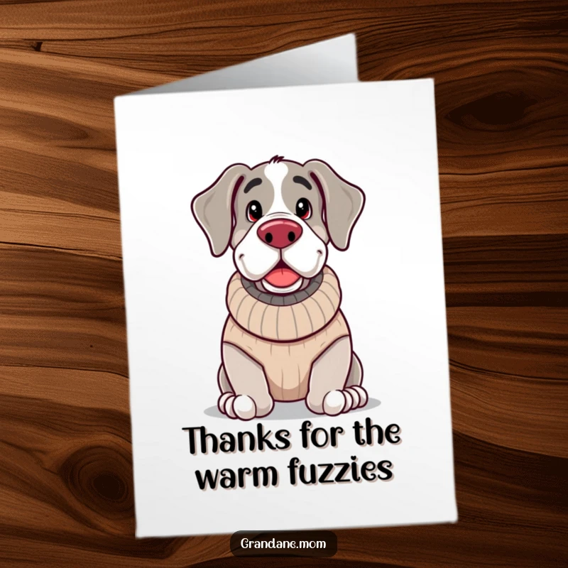 Funny Free Printable Thank You Card: A jolly Grand Dane wearing a cozy knitted sweater looks relaxed and grateful, perfect for sending thanks.