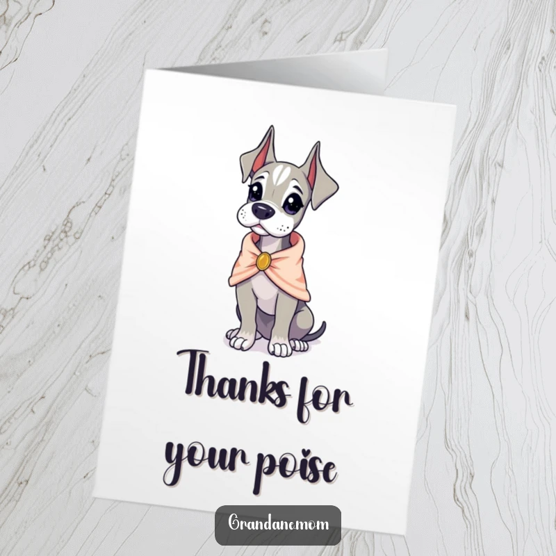 Funny free printable thank you card featuring a Grand Dane in a small shawl, looking poised and elegantly grateful.
