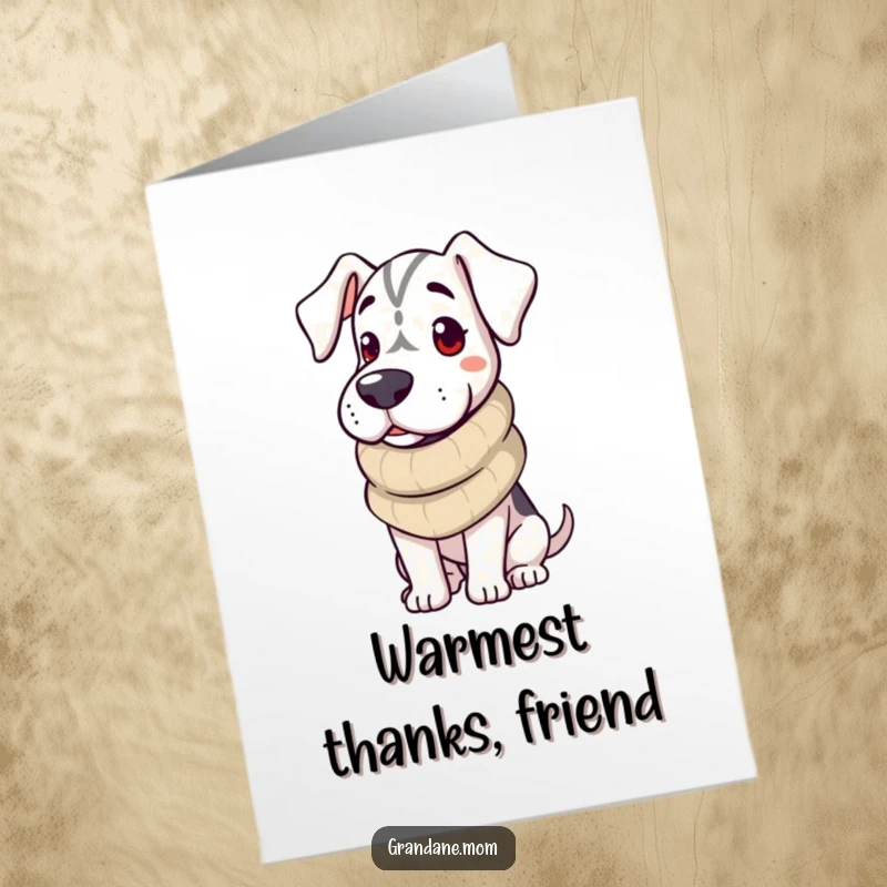 Funny Free Printable Grand Dane Thank You Card: A bundled-up Dane sends cozy thanks, wrapped in a warm knitted scarf.