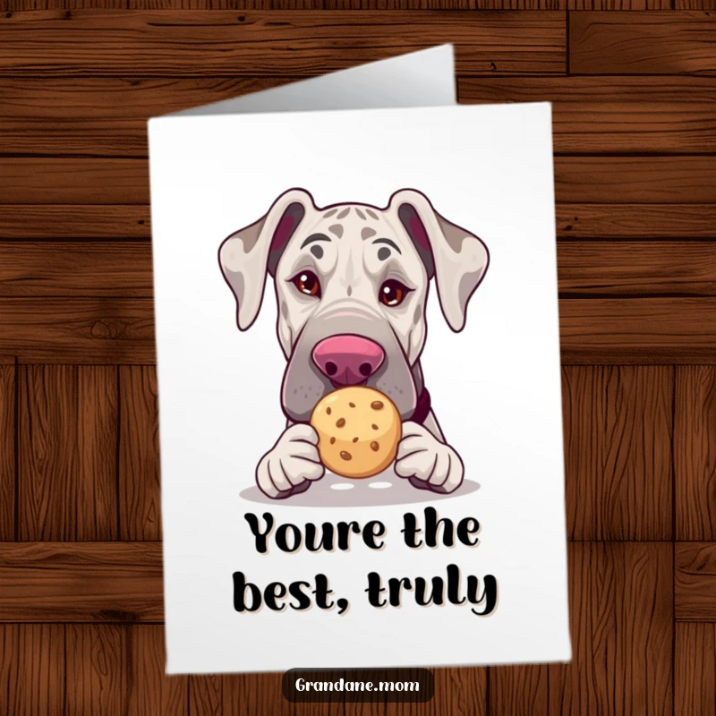 Funny Free Printable Thank You Card: A Grand Dane winks charmingly, offering a tea cookie to say thanks.