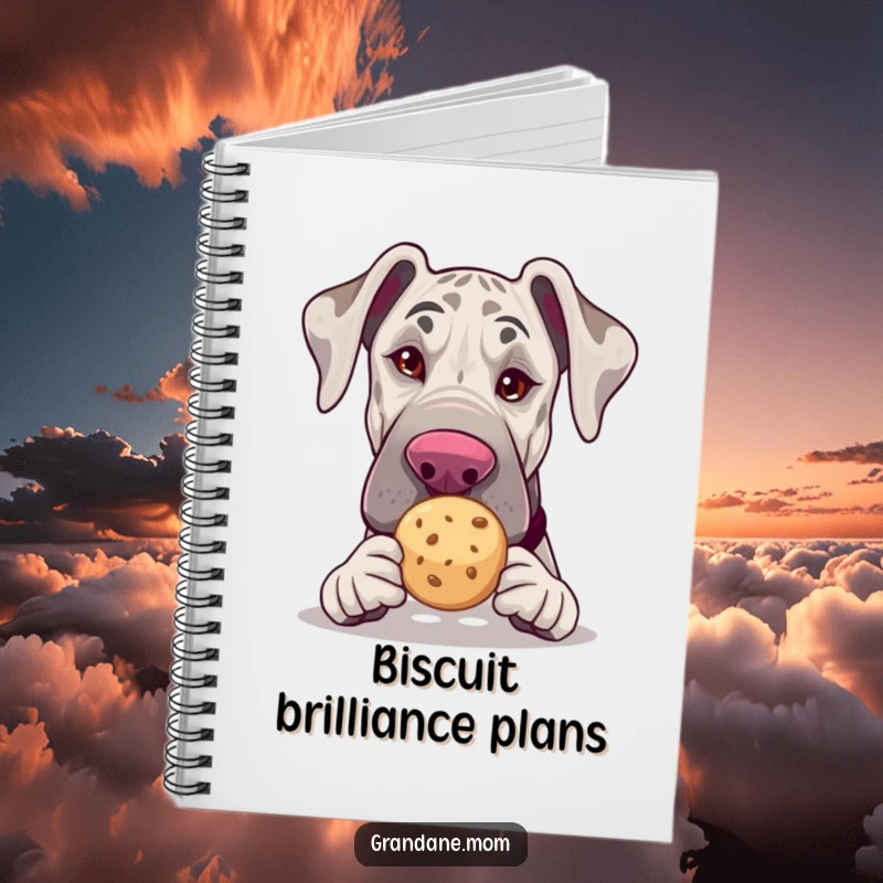 Funny Grand Dane notebook, winking with a tea cookie, humorous journal for notes, perfect funny gift.