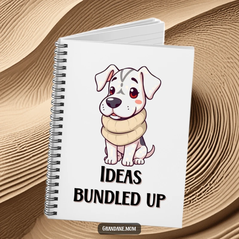 Funny Grand Dane Notebook featuring a dog in a cozy scarf, ideal for note-taking and staying warm.