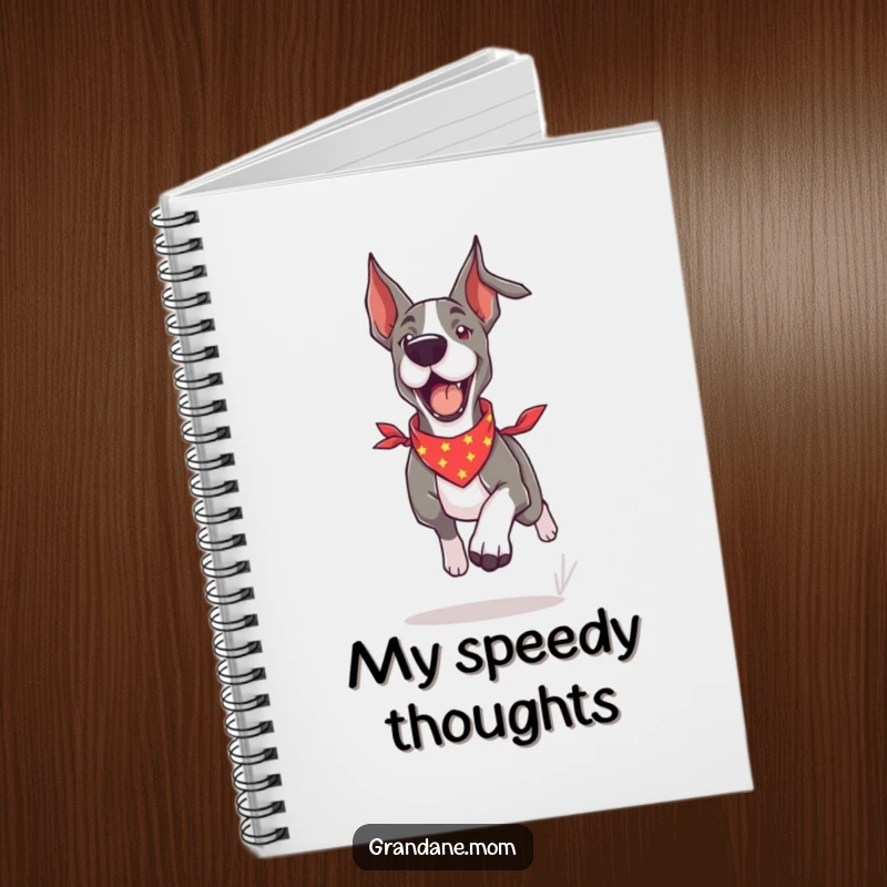 Funny Grand Dane notebook featuring a dog in a bandana running with high energy, perfect for capturing active thoughts.