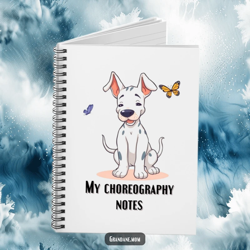 Funny Grand Dane notebook, cover art of a dog doing a playful wiggle, attempting to dance with a butterfly.