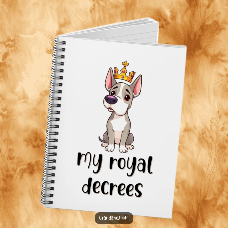 Funny Grand Dane notebook with a majestic dog wearing a tiny crown and striking a regal pose on its cover.