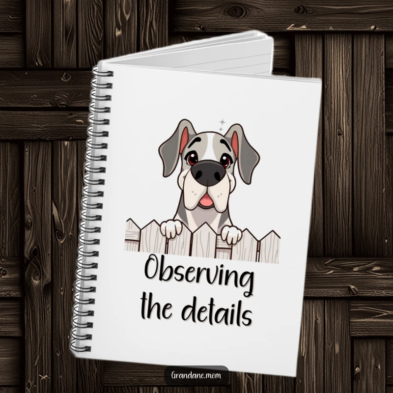 Funny Grand Dane notebook, a delighted dog peeking over a fence with a friendly gaze, inspiring curious note-taking.
