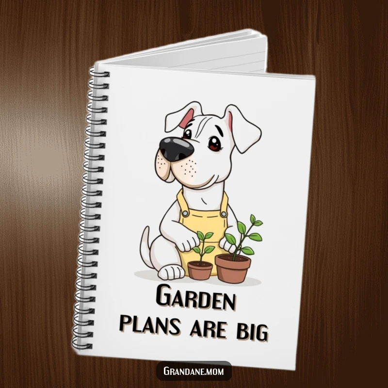 Funny Grand Dane in a gardening apron nurturing a tiny sprout, featured on the cover of a delightful notebook.