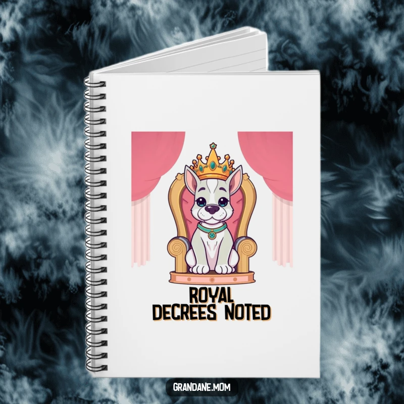 Funny Grand Dane King Notebook depicting a crowned Grand Dane dog seated on a throne, ready to write royal edicts.