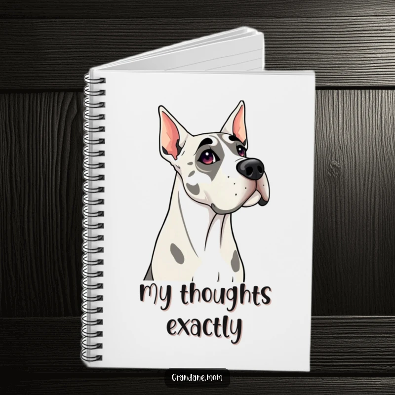 Funny Grand Dane notebook with a curious dog tilting its head, perfect for capturing thoughts with a touch of humor.
