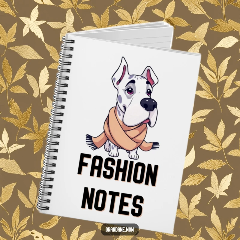 Funny Grand Dane notebook with a large dog wearing a fashionable scarf, perfect for jotting notes and stylish thoughts.