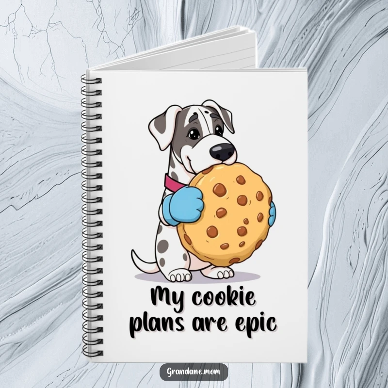 Funny Grand Dane notebook cover, showing the dog in oven mitts with a massive cookie, encouraging creative and humorous writing. Great funny gift.