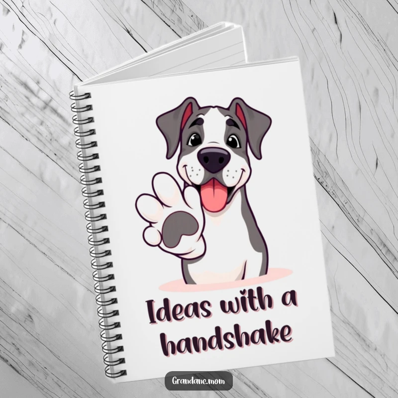 Funny Grand Dane notebook, a smiling large dog extending a giant paw for a friendly hello, inspiring warm notes.