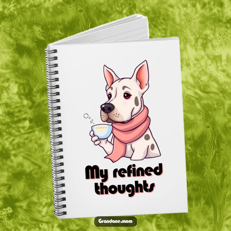 Funny Grand Dane wearing a long silk scarf and sipping tea, featured on a notebook cover, perfect for elegant and humorous journaling.