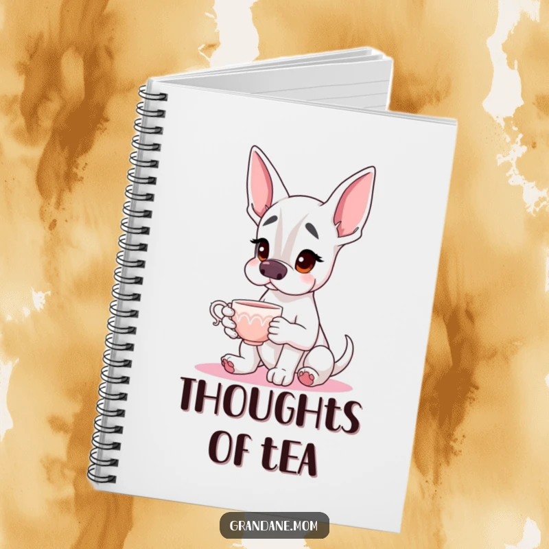 Funny Grand Dane Notebook featuring a gentle dog with a teacup, ideal for note-taking and creative expression.