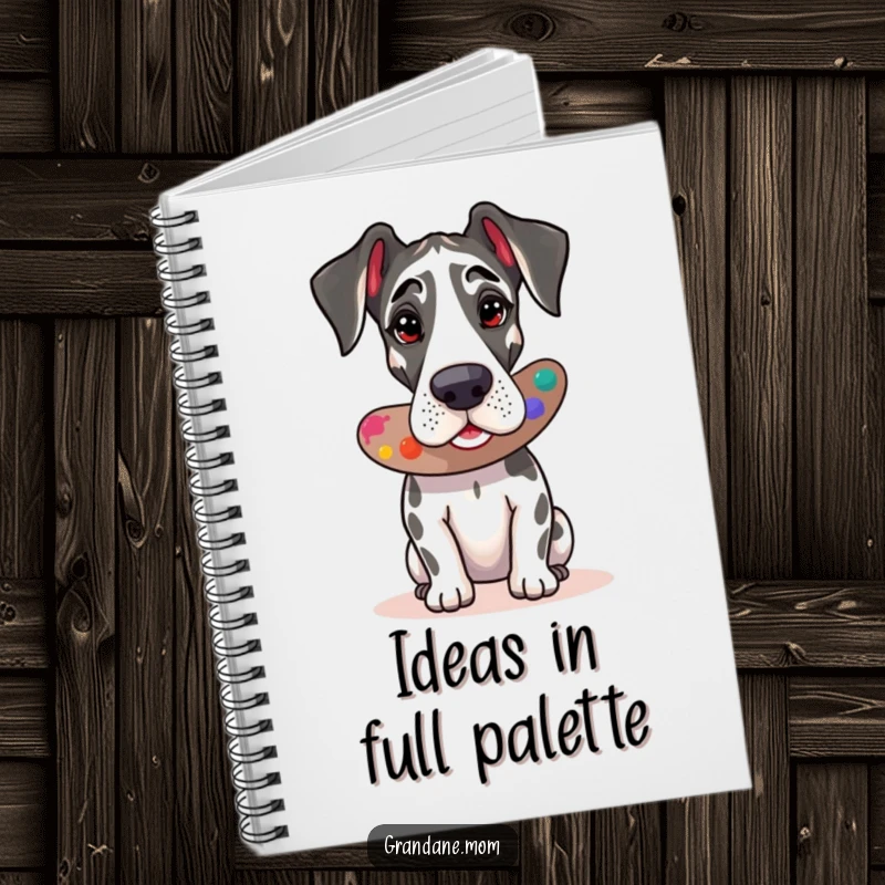 Funny Great Dane artist notebook with a dog and palette, ideal for drawing and as a humorous gift.
