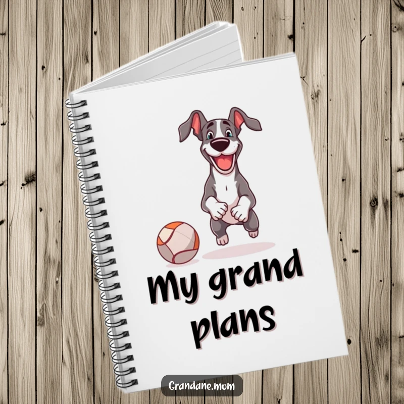 Funny Notebook cover with a cheerful Great Dane playing fetch with a comically large ball, inspiring energetic ideas.