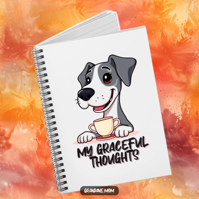 Funny Notebook cover with a Great Dane balancing a teacup on its nose, inspiring creativity and smiles.