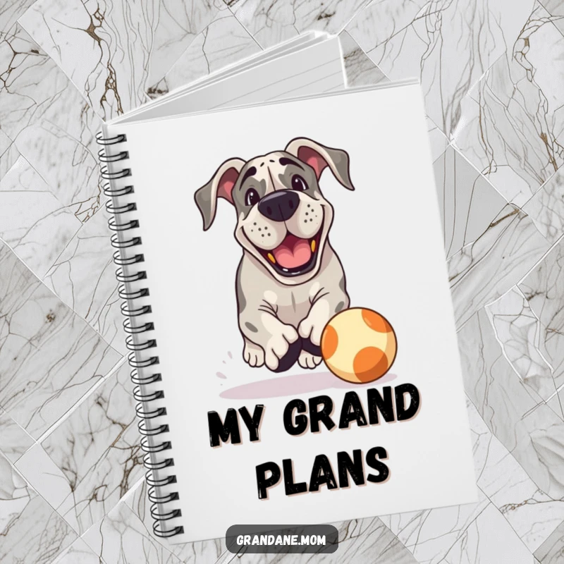 Funny Grand Dane Notebook: A Grand Dane with a playful grin chases a ball on this notebook, perfect for jotting down energetic ideas with humor.