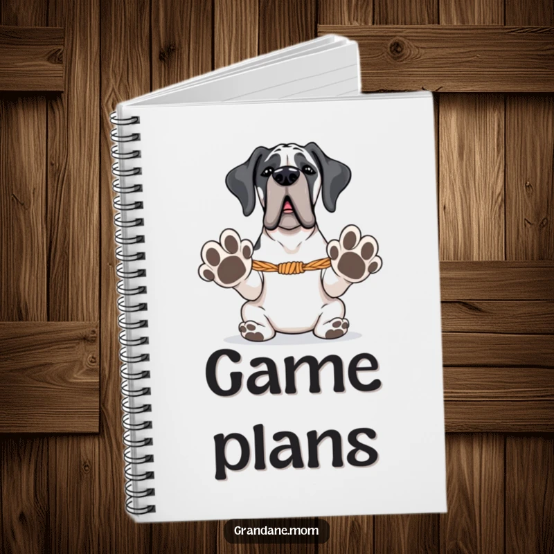 Funny Grand Dane notebook with a large dog with paws extended, ready for tug-of-war, perfect for jotting notes.