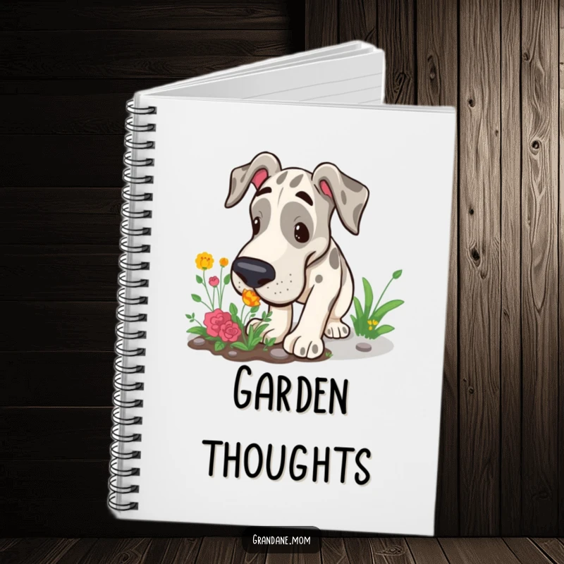 Funny Grand Dane notebook with a large dog curiously sniffing a garden patch, perfect for jotting notes and exploring thoughts.