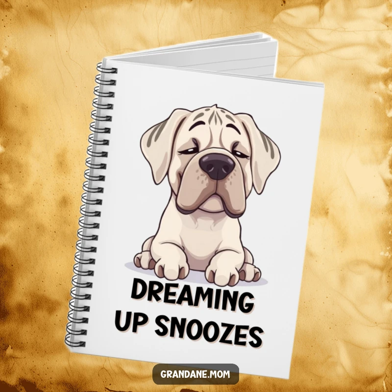 Funny Grand Dane notebook with a contented sighing dog cover, perfect for journaling or note-taking with a humorous touch.