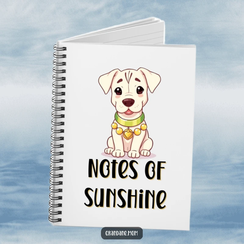 A Grand Dane with a gleaming collar, exuding gentle warmth, featured on the cover of a beautiful notebook.