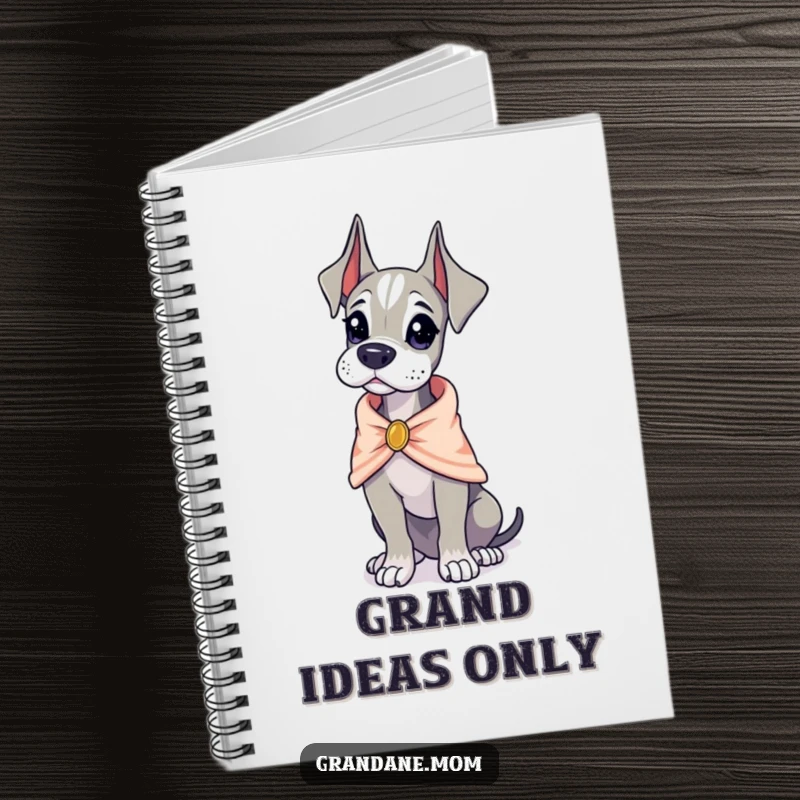 Funny Grand Dane wearing a tiny, elegant shawl, looking poised, a lined notebook for writing, sophisticated notes, funny gift.