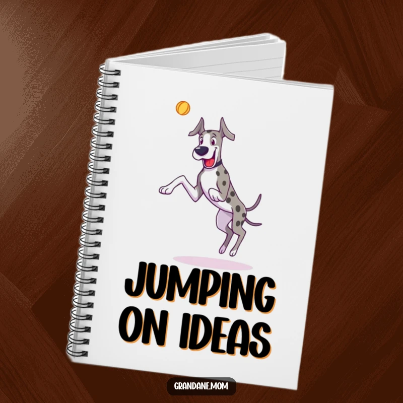 Funny Great Dane notebook with a dog joyfully leaping for a toy cover, perfect for journaling.