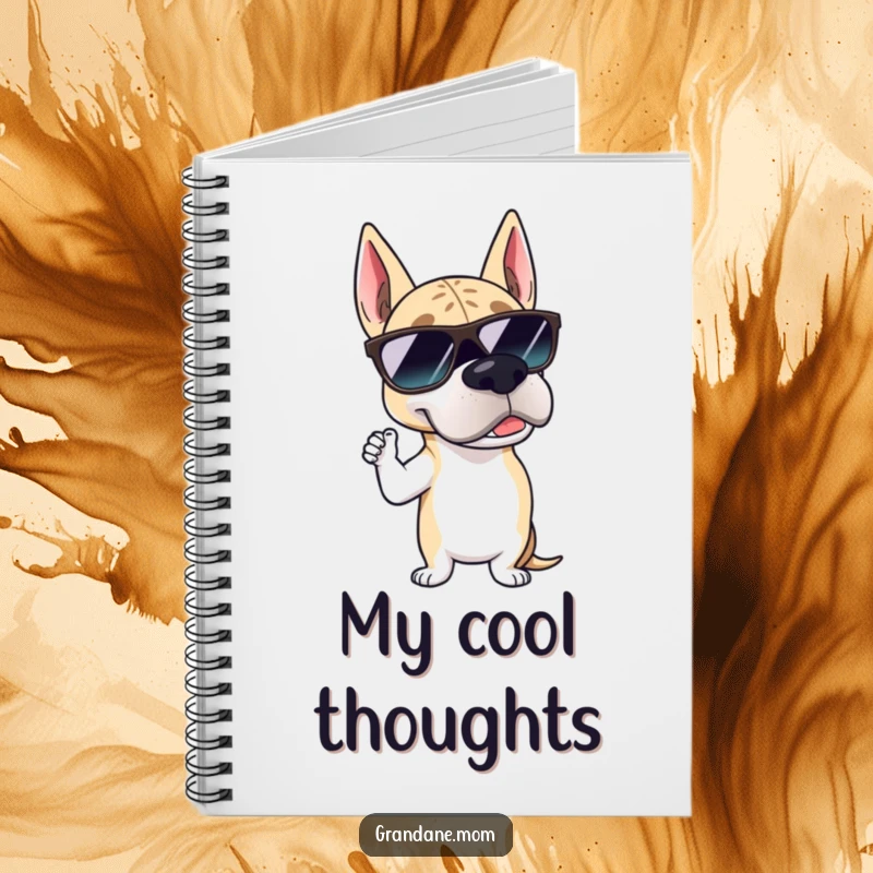 Funny Grand Dane sunglasses notebook with a dog wearing cool shades, posing suavely, perfect for jotting down notes and ideas.