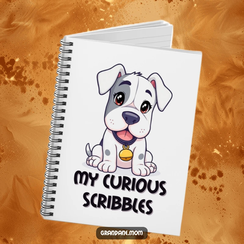 Funny Grand Dane Discovery Notebook, a curious dog with a tinkling bell, perfect for writing, a humorous and inspiring gift.