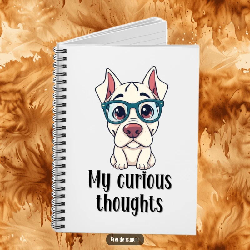 Funny Grand Dane Notebook: A Grand Dane with oversized glasses adorns this notebook, perfect for jotting down curious thoughts with humor.