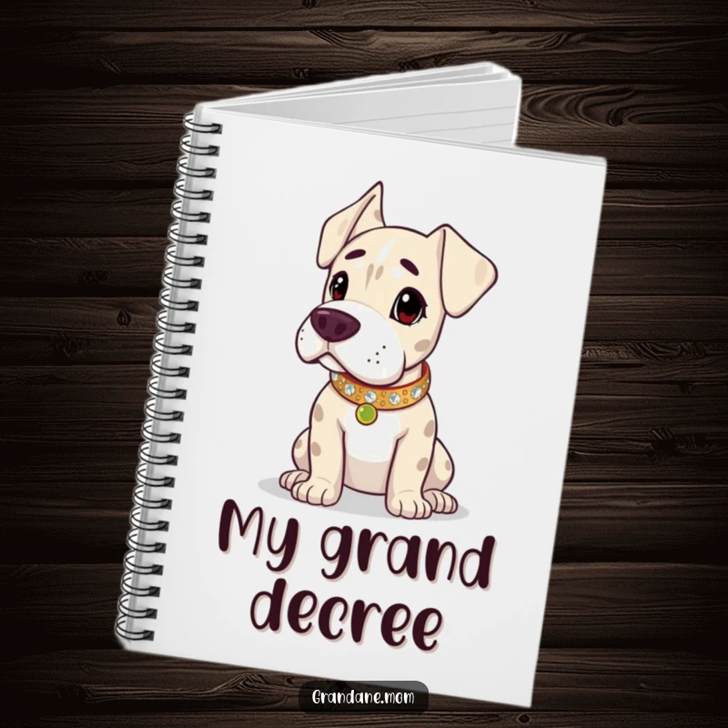Funny Grand Dane notebook cover, showing the dog in a sparkling collar, exuding regality and charm. Great funny gift for note-takers.