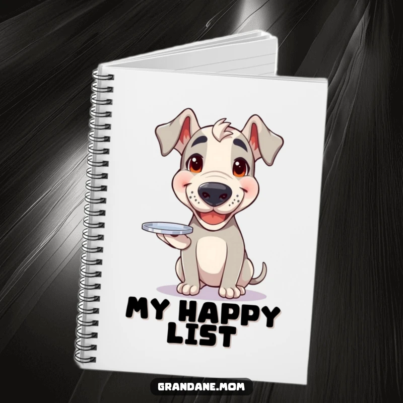 Funny Grand Dane notebook with a happy dog balancing a small silver tray on its cover, ideal for notes.