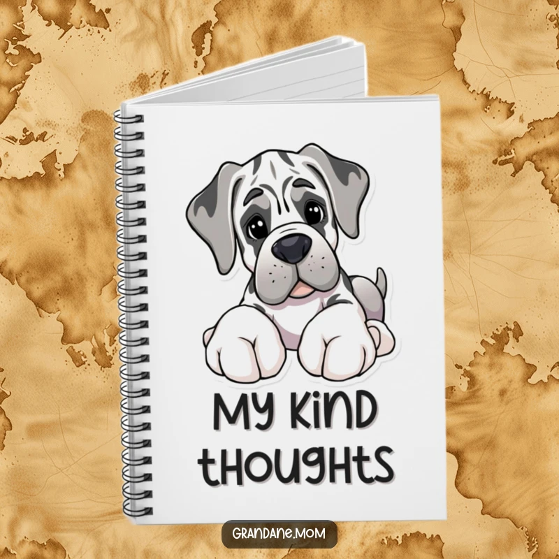 Funny notebook featuring a Grand Dane with giant paws gently offering a soft toy, inspiring gentle thoughts.